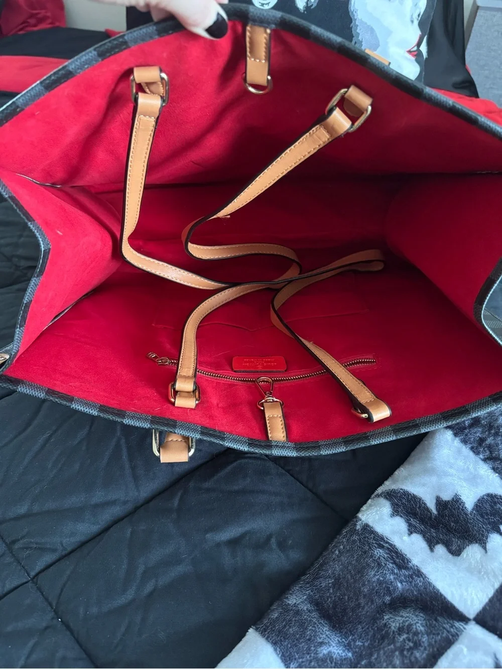 Inspired Black Checker Tote Bag with Tan Handles.